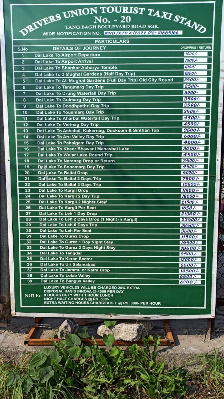 Srinagar Drivers Union Tourist Taxi Stand No. 20 rate board, Boulevard Road